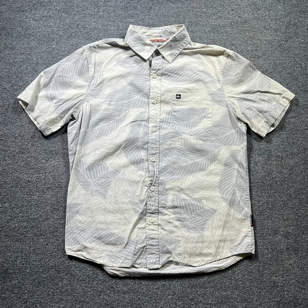 Quiksilver Hawaiian Shirt Mens Medium Gray Palm Leaf Print Button Front Tropical